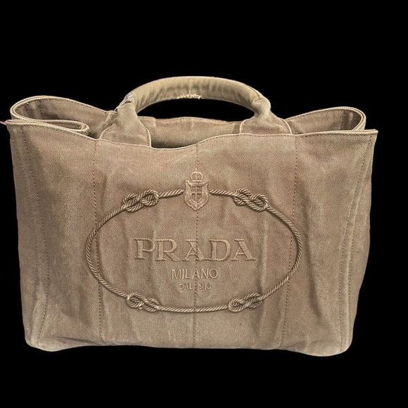 Authentic Prada Canapa Hand Bag tote Lg Dark Beige/brownish  tan color Canvas - Picture 3 of 17